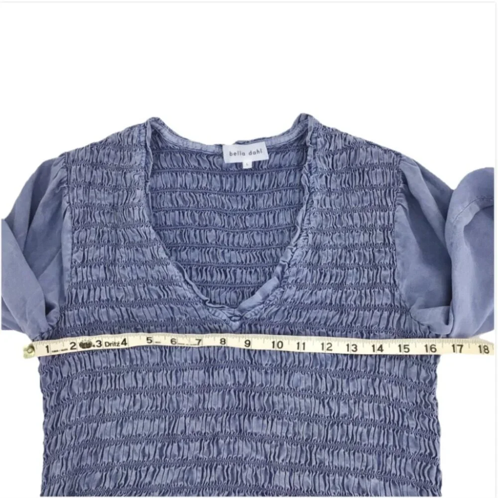 Bella Dahl Tencel-Lyocell Blue V Neck Long Sleeve Smocked Mini Dress Size Large - Picture 4 of 14